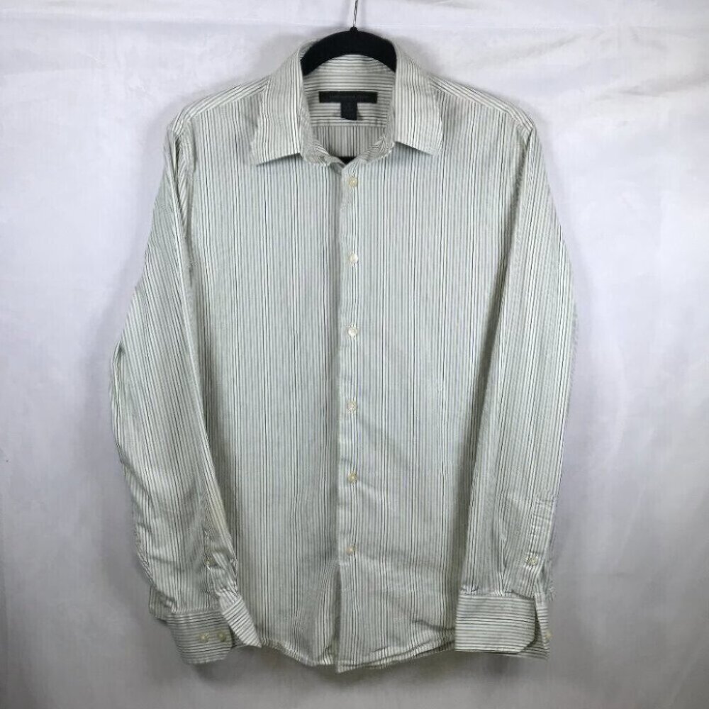 Express Design Studio Shirt Mens Medium Green Striped Modern Fit Stretch Preppy